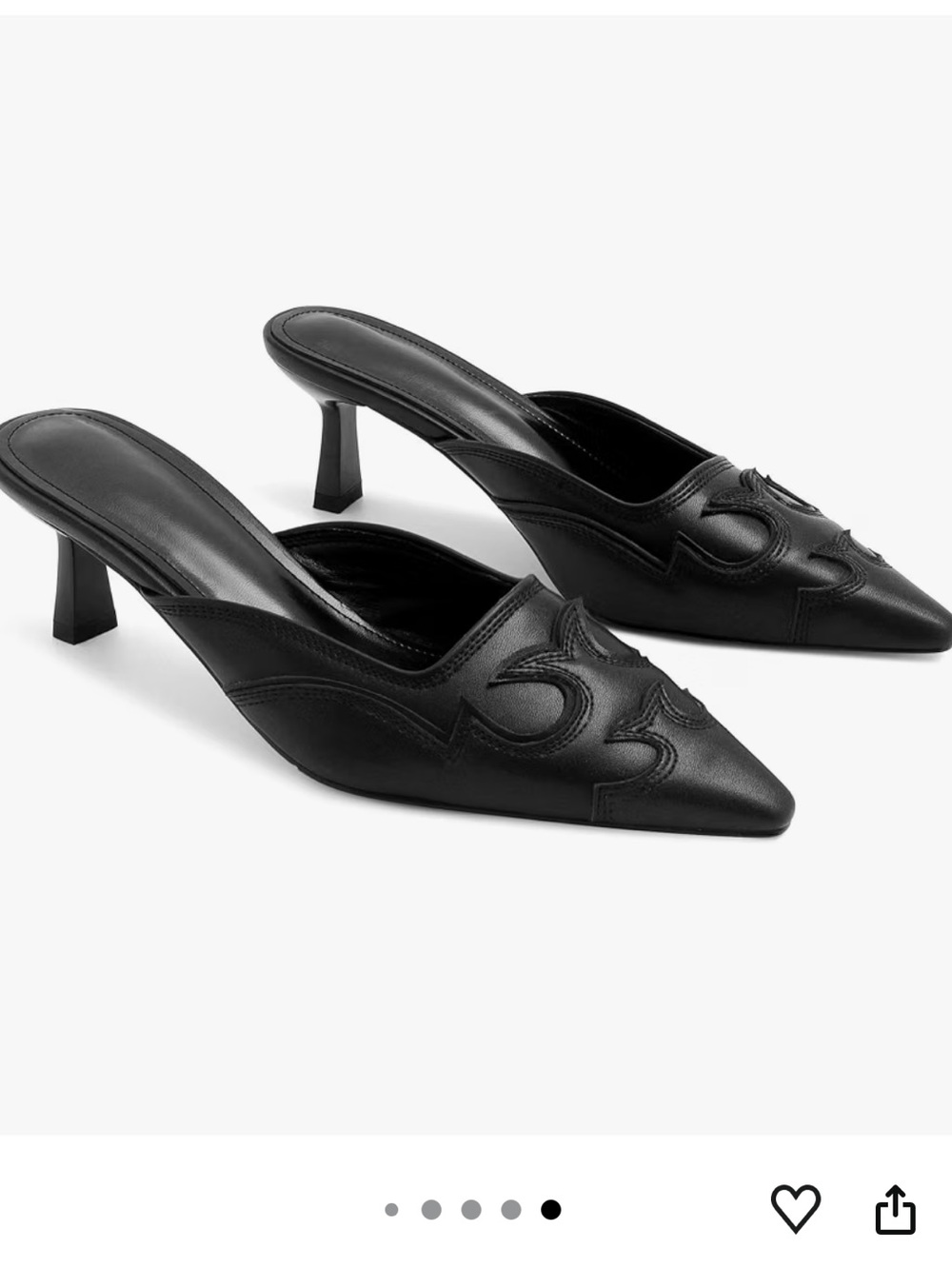 Black Pointed-Toe Slip-On Mules with Western Embroidered Detail